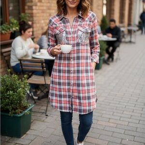 Miss Me Button Up Shirt Pink Coral Plaid Flannel Rhinestone Womens Small
